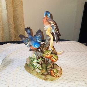 Vintage Rare Blue Bird on Branch and Rocks Andrea by Sadek ceramic sculpture